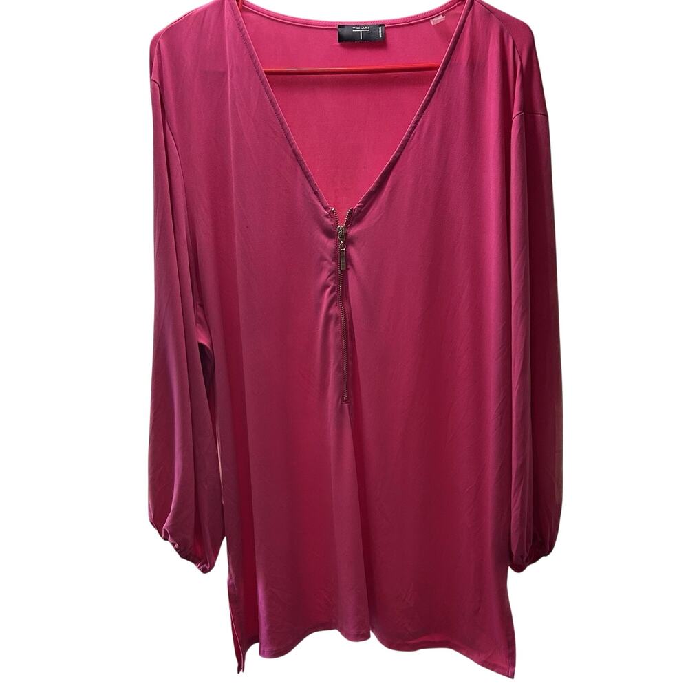 TAHARI TOP Size 3X Peasant Sleeve Zipper V-Neck Bright Pink Resort Wedding Boho